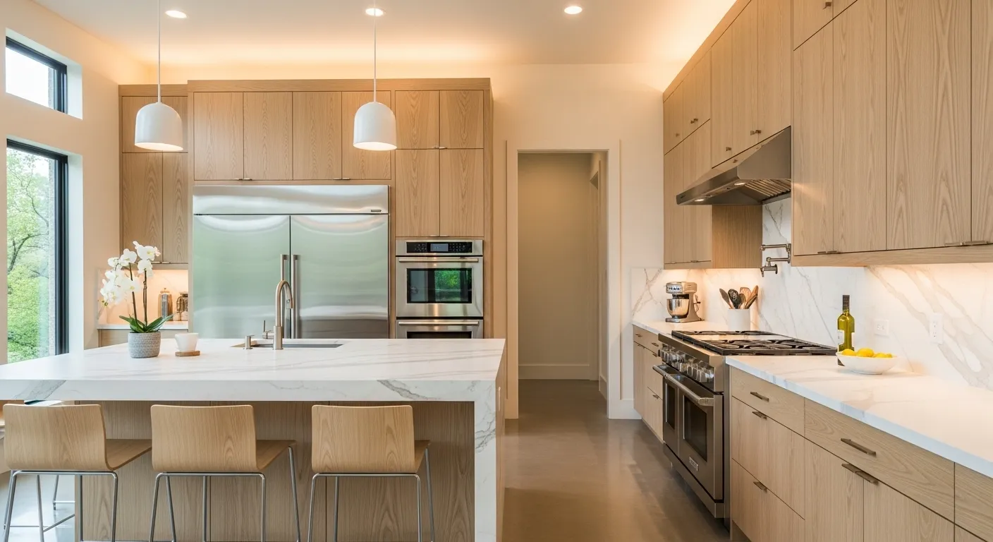 Custom rift-sawn oak kitchen cabinets in a luxury West Lake Hills home showing timeless wood grain and modern design.