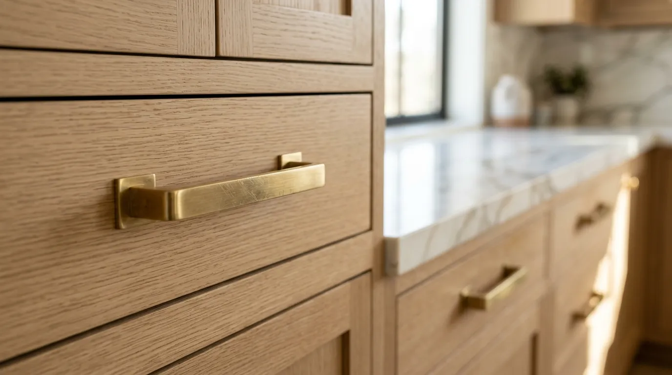 Luxury brushed brass kitchen cabinet handles on custom oak cabinetry in a modern West Lake Hills home.