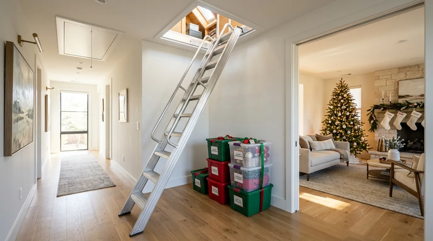 Modern aluminum attic ladder installation for safe holiday decoration storage in West Lake Hills, Texas.