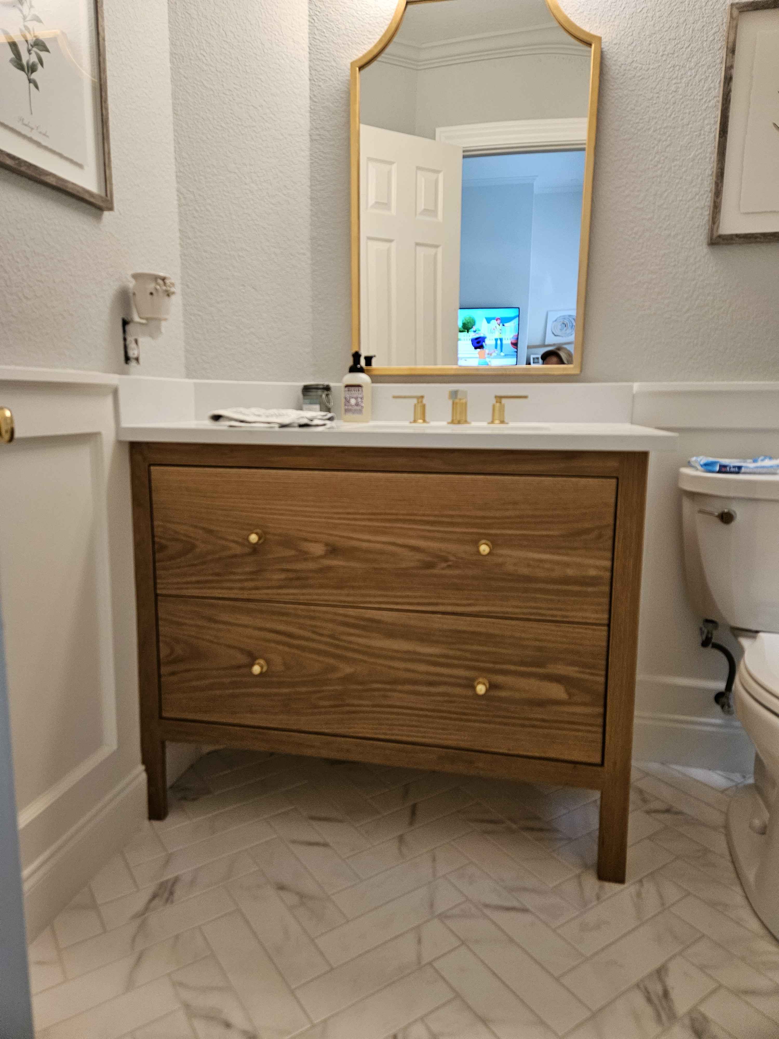 Bespoke White Oak Powder Room with Herringbone Marble - Detail 3