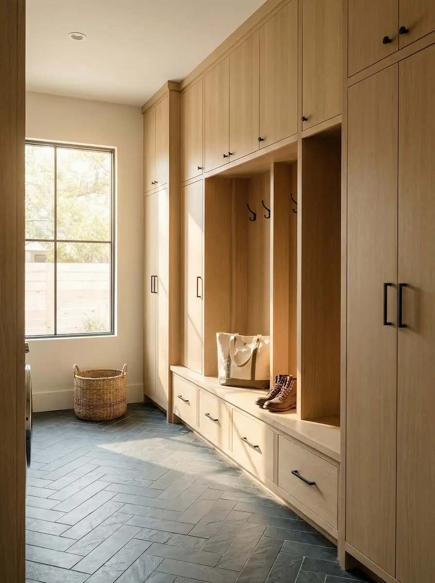 Custom built-in mudroom lockers featuring white oak bench seating, overhead storage, and durable flooring in a luxury Texas Hill Country home.