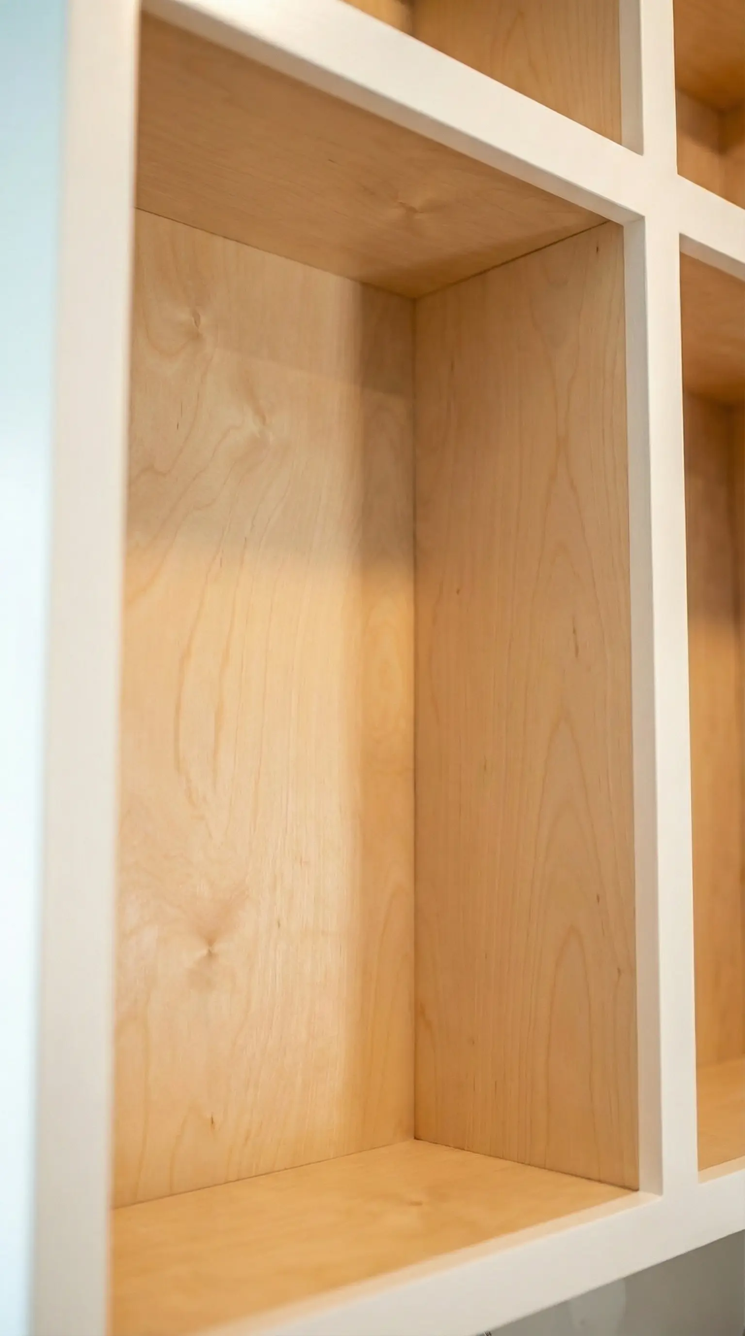 Close-up view of custom built-in wooden shelving with a clear natural finish, demonstrating 1/2-inch plywood construction quality.