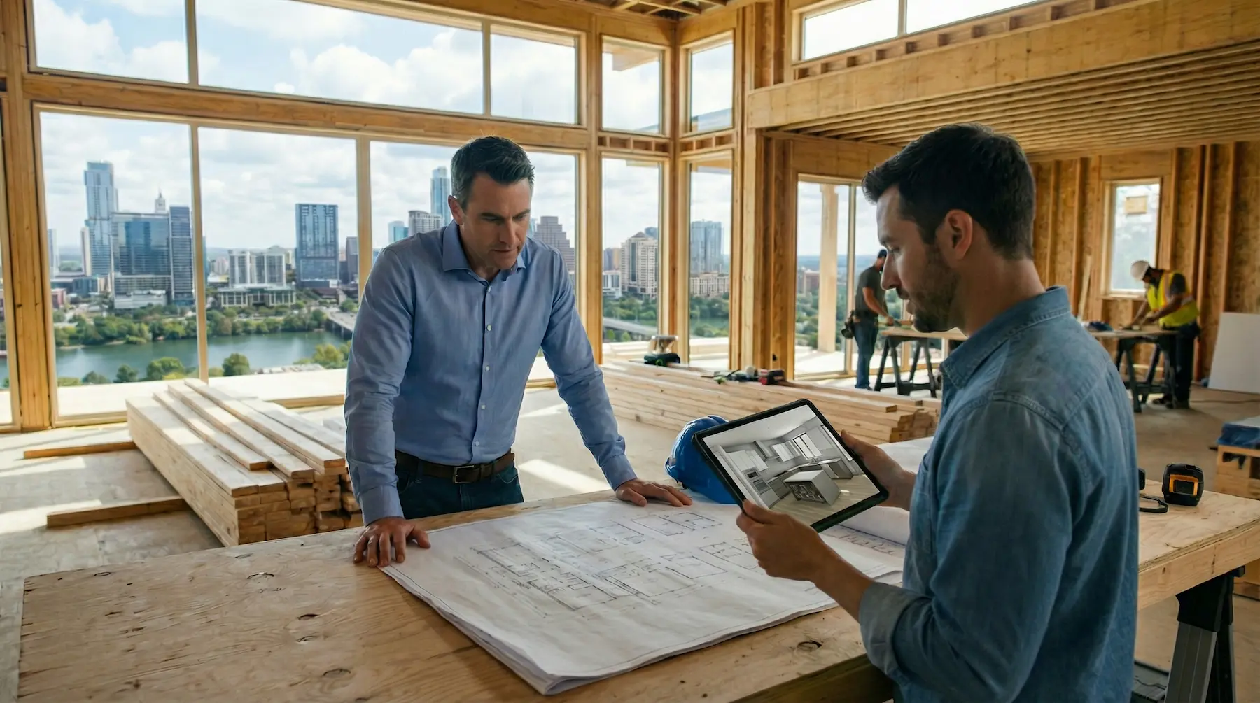 Construction site meeting between a custom builder and cabinet project manager reviewing digital kitchen plans on a tablet with the Austin skyline in the background.