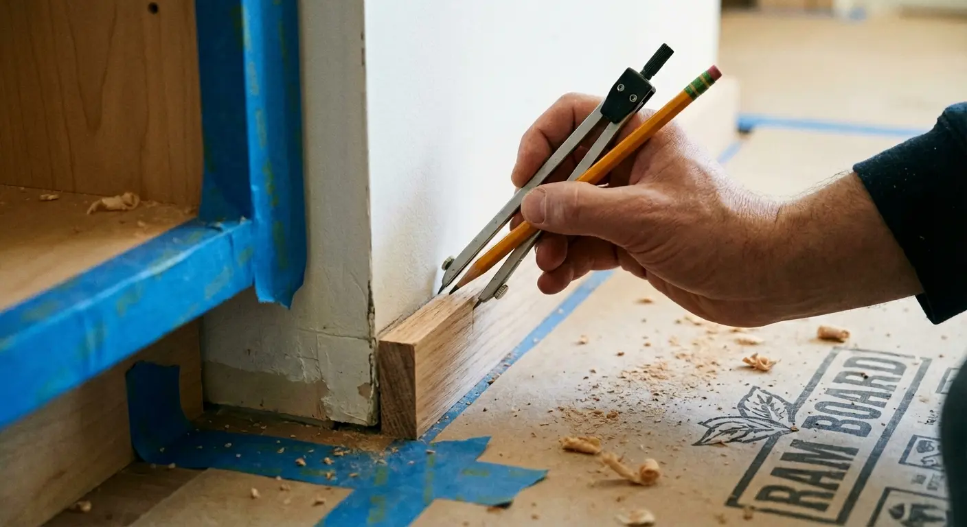 Close-up of a master carpenter scribing a filler piece for a perfect wall-to-wall cabinet fit.