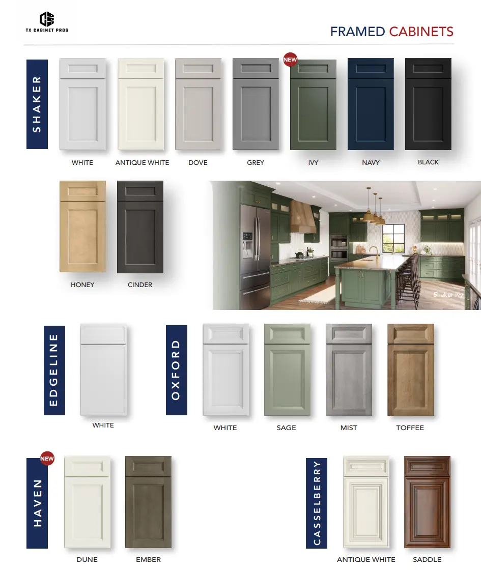 Chart showing available door styles and color options for the Standard Series cabinet line, including Shaker, Edgeline, and Oxford profiles.