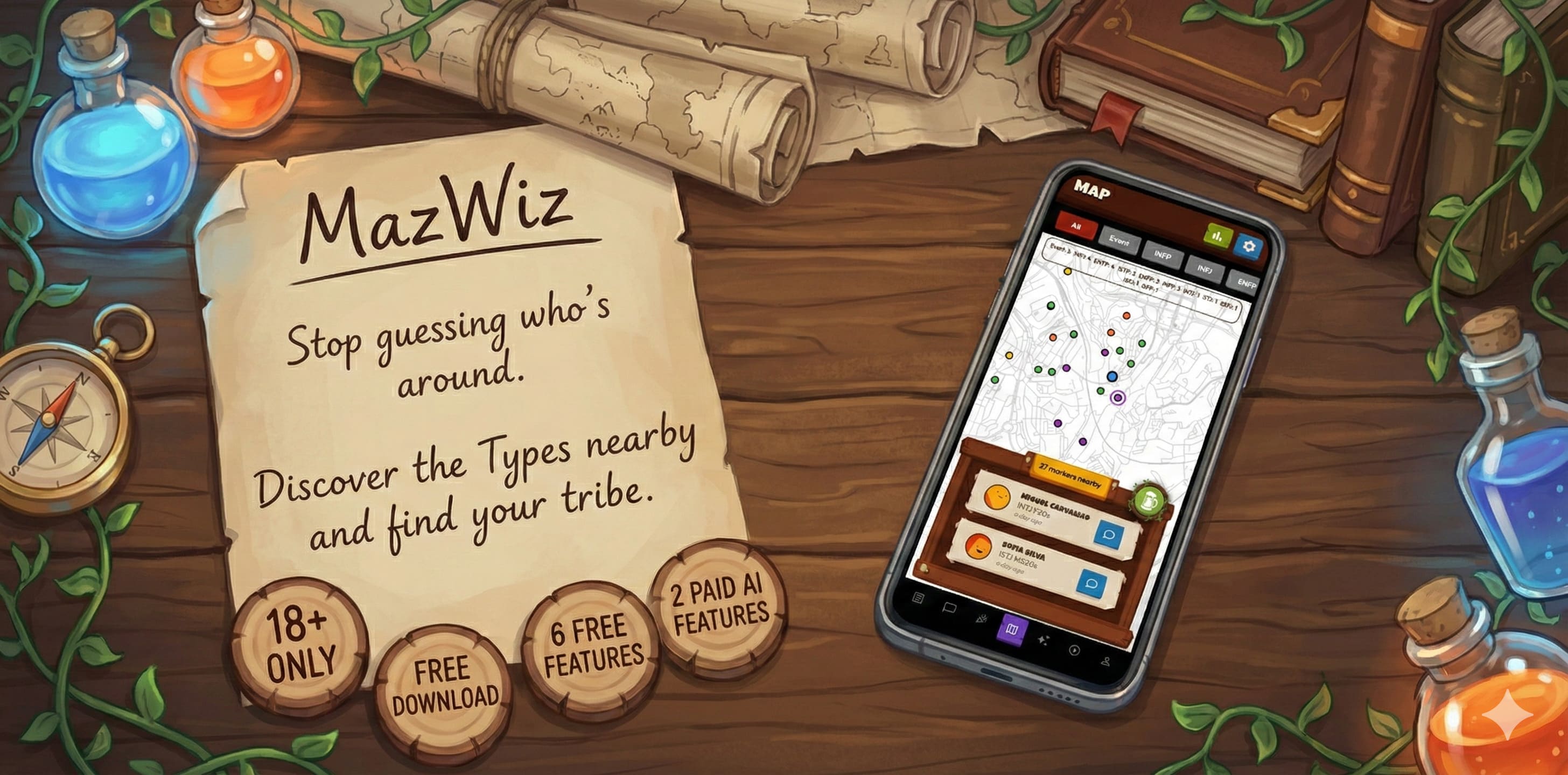 MazWiz - Stop guessing who's around. Discover the Types nearby and find your tribe.