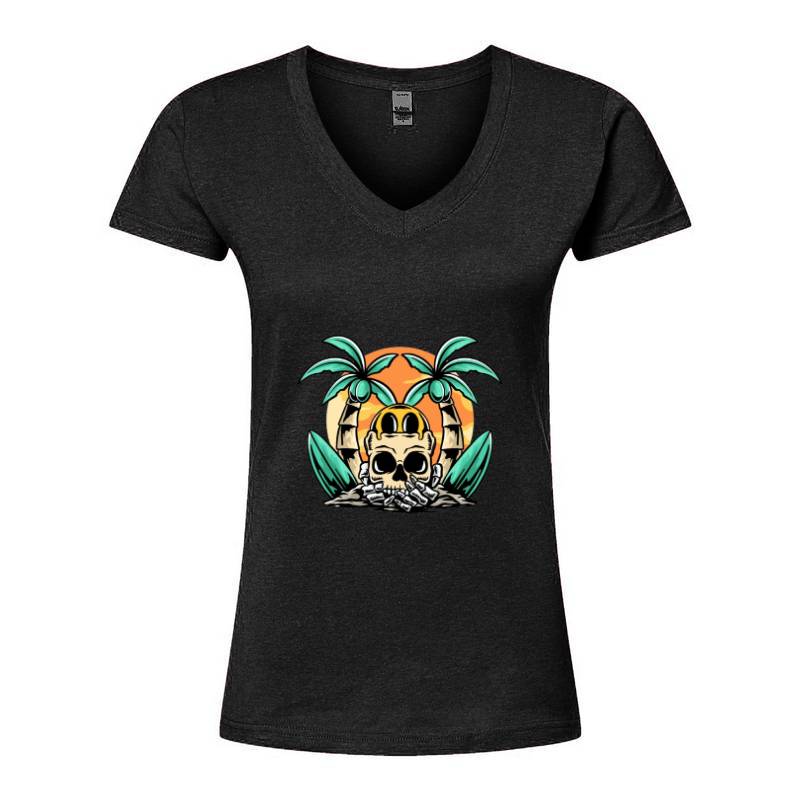Palm and Skull V-Neck T-Shirt