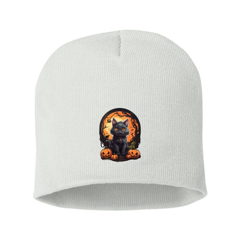 Black Cat With Halloween Ornament Beanie