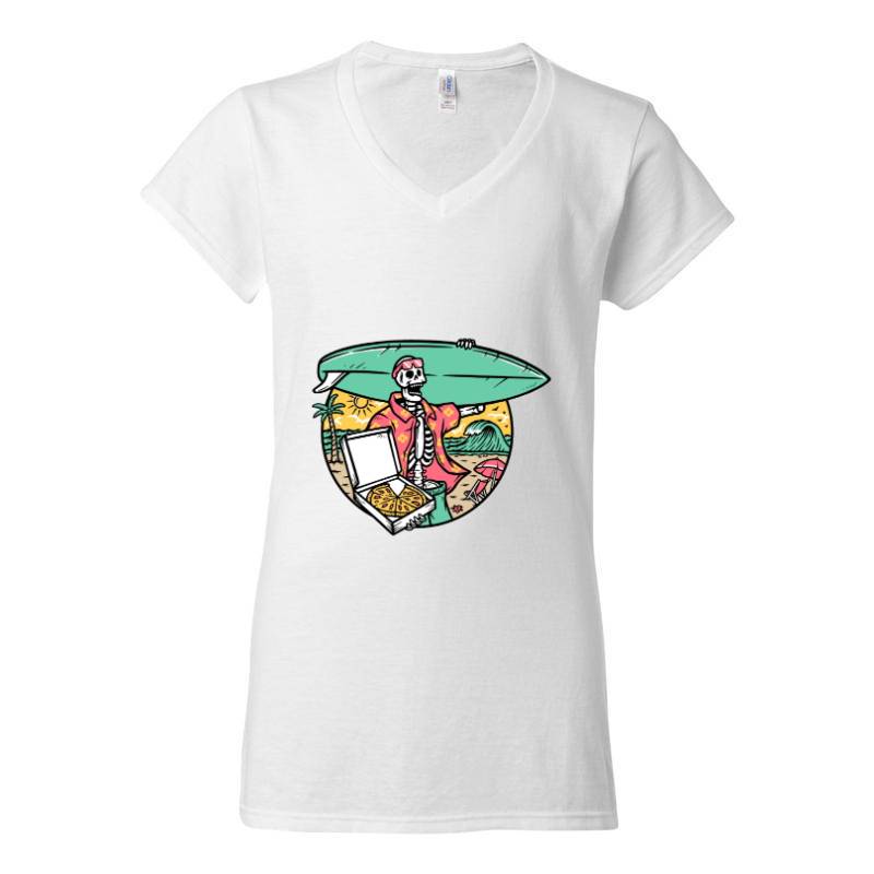 Surfer Skull and Pizza V-Neck T-Shirt