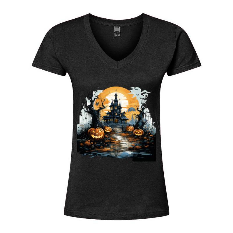 Halloween Castle Pumpkin Lantern V-Neck T-Shirt