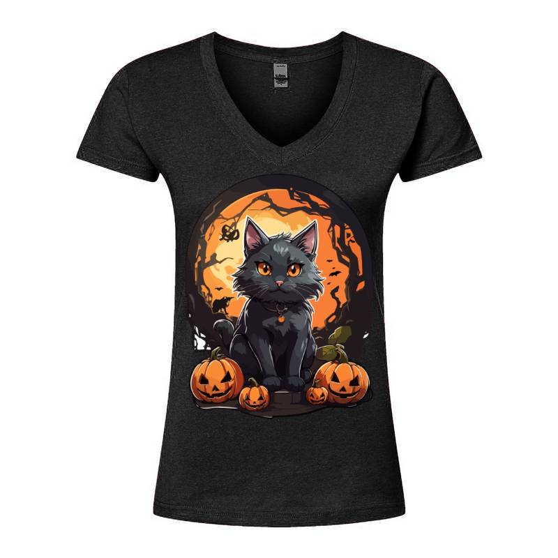 Black Cat With Halloween Ornament V-Neck T-Shirt