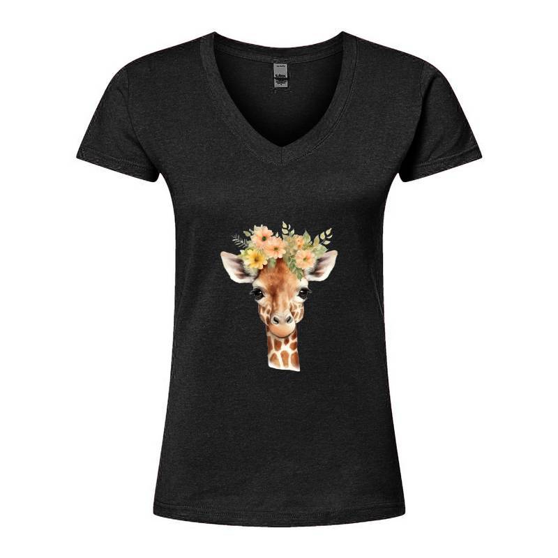 Giraffe with flower V-Neck T-Shirt