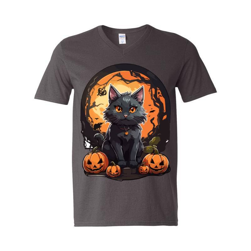 Black Cat With Halloween Ornament V-Neck T-Shirt