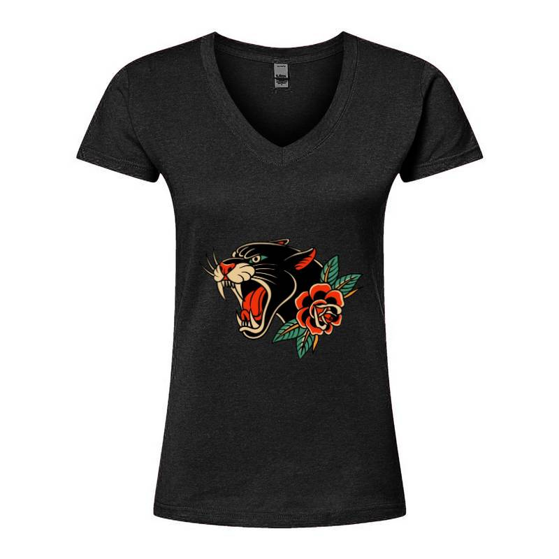 Rose and Tiger V-Neck T-Shirt