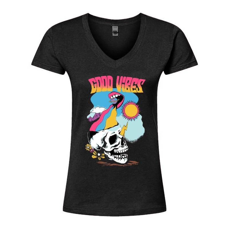 Good Vibes Skull V-Neck T-Shirt