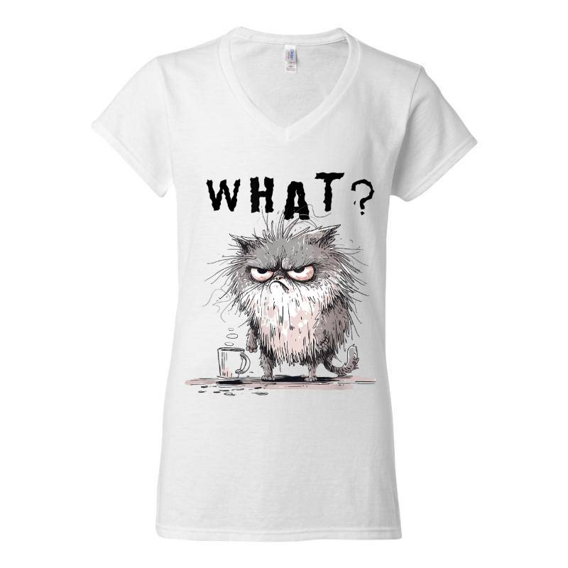 Funny Cat Coffee Sarcastic Meme Frazzled Cat Debie V-Neck T-Shirt