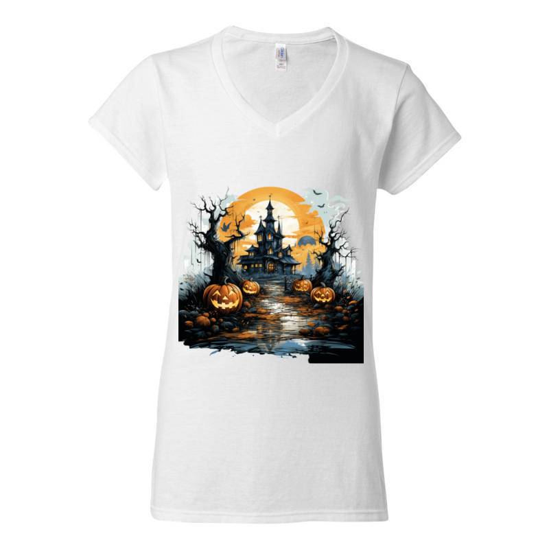 Halloween Castle Pumpkin Lantern V-Neck T-Shirt