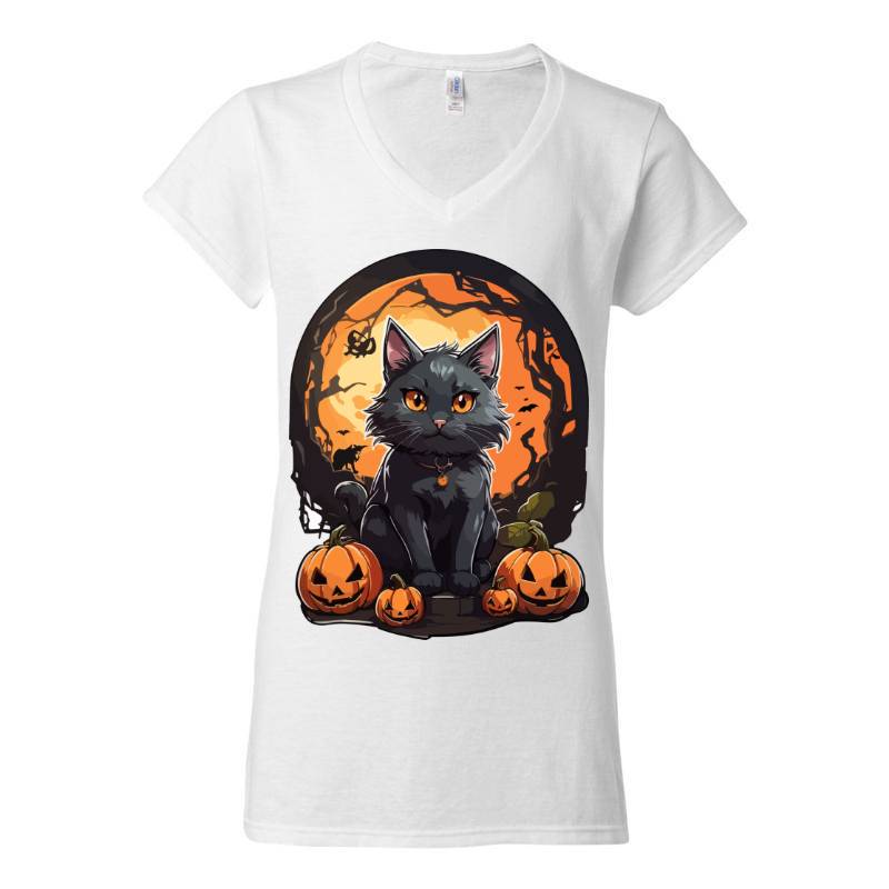 Black Cat With Halloween Ornament V-Neck T-Shirt