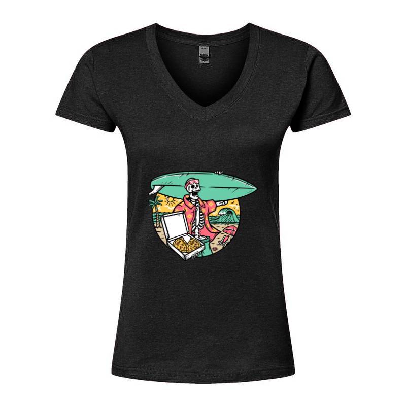 Surfer Skull and Pizza V-Neck T-Shirt
