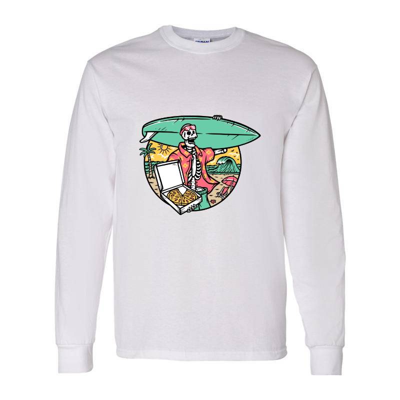Surfer Skull and Pizza Long Sleeve Shirt