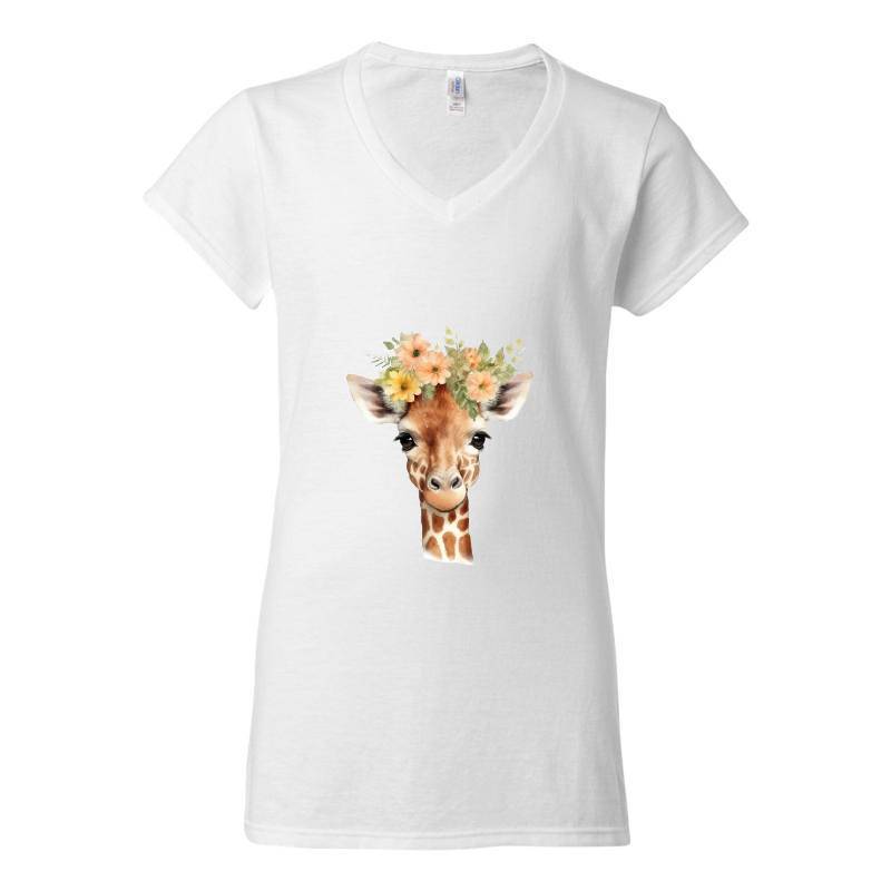 Giraffe with flower V-Neck T-Shirt