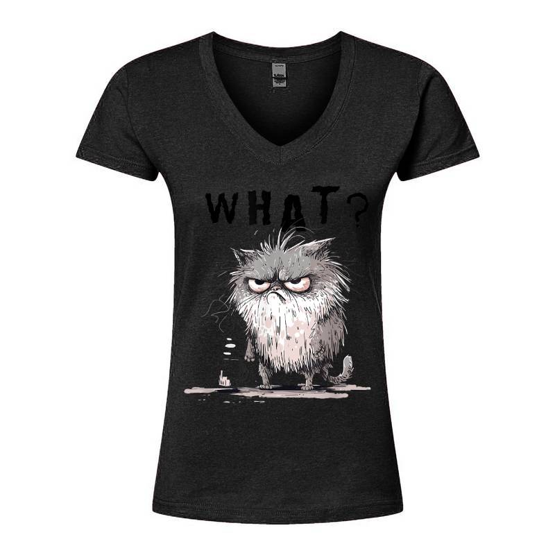 Funny Cat Coffee Sarcastic Meme Frazzled Cat Debie V-Neck T-Shirt