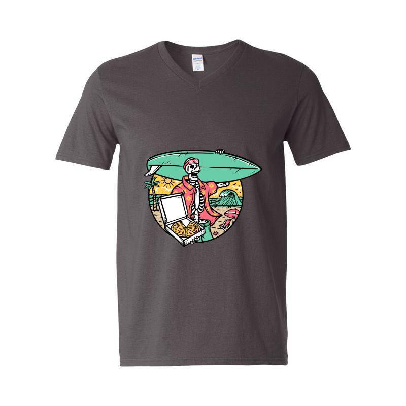 Surfer Skull and Pizza V-Neck T-Shirt