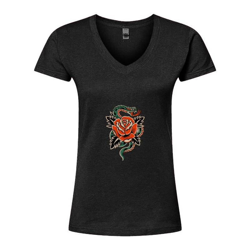 Rose and Snake V-Neck T-Shirt
