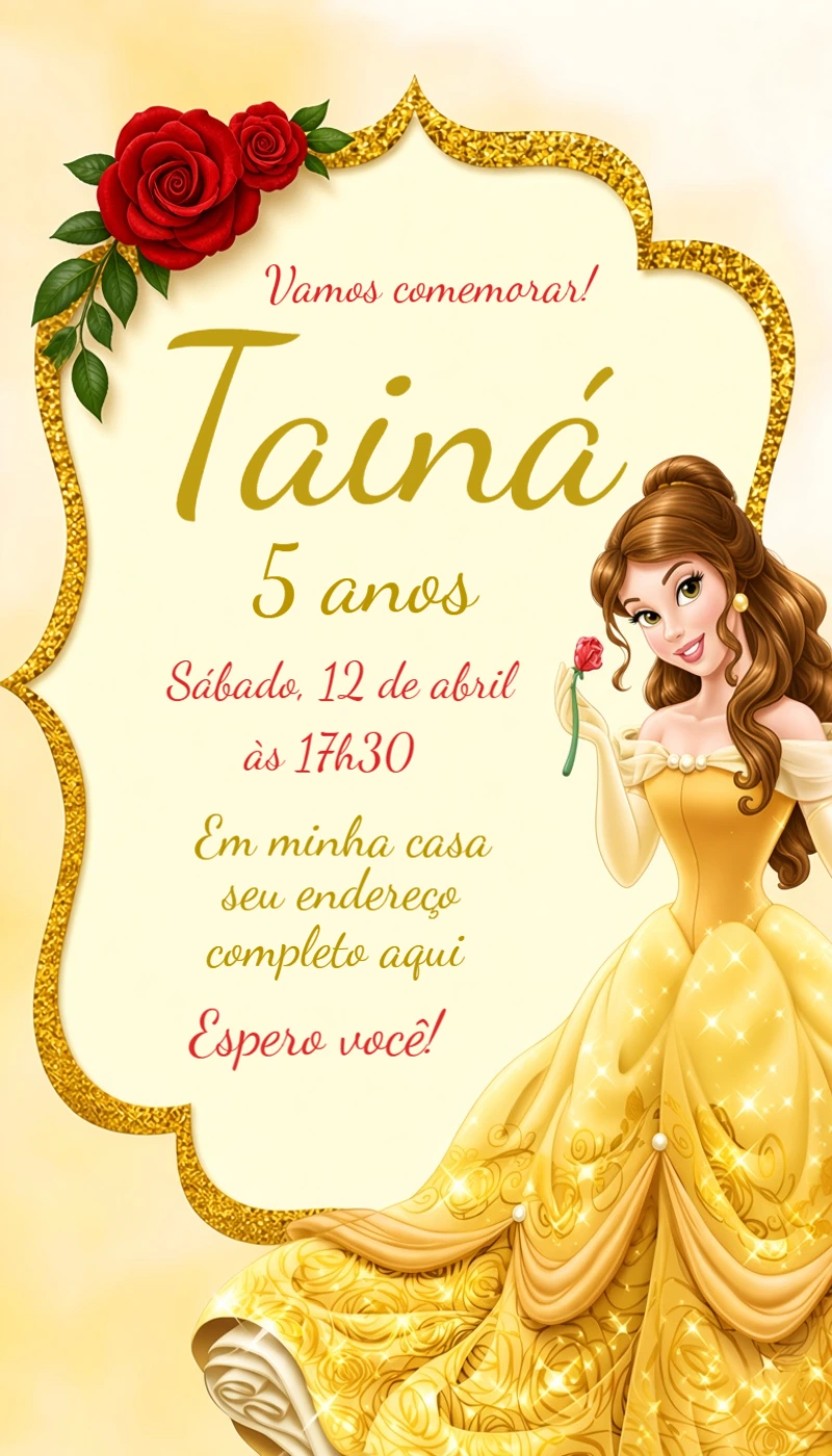 Convite de Aniversário da Princesa Bela Modelo Editável Convite de Aniversário da Princesa Bela Modelo Editável