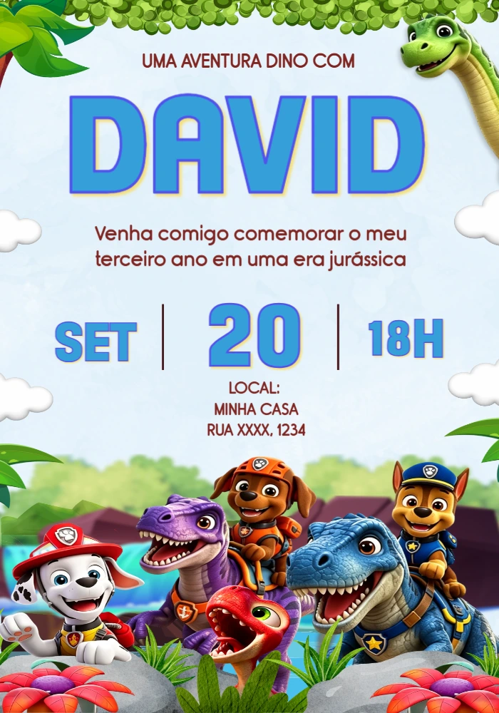 Convite de Aniversário Patrulha Canina Dino Rescue para Editar Convite de Aniversário Patrulha Canina Dino Rescue para Editar