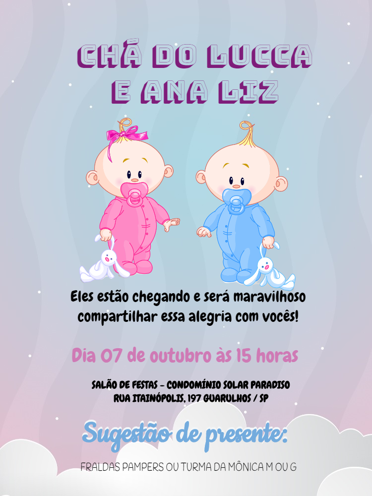 Convite Chá de Bebê Gêmeos Menino e Menina para Editar Online Convite Chá de Bebê Gêmeos Menino e Menina para Editar Online