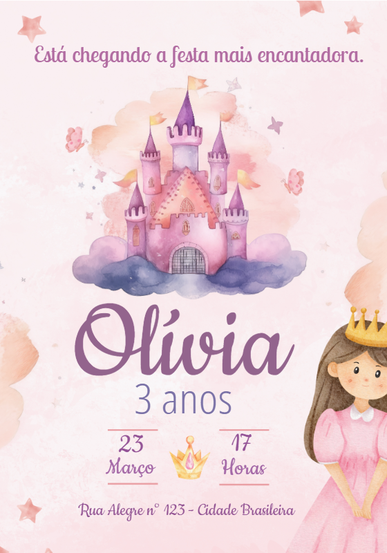 Convite Aniversário Princesa Aquarela para Editar Online Convite Aniversário Princesa Aquarela para Editar Online