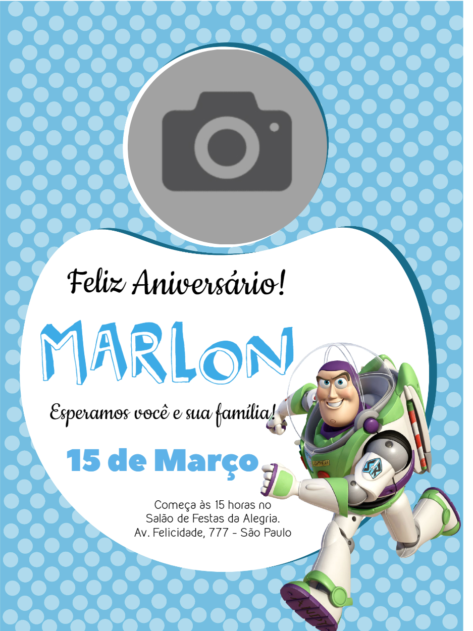 Convite Aniversário Buzz Lightyear com Foto para Editar Online Convite Aniversário Buzz Lightyear com Foto para Editar Online