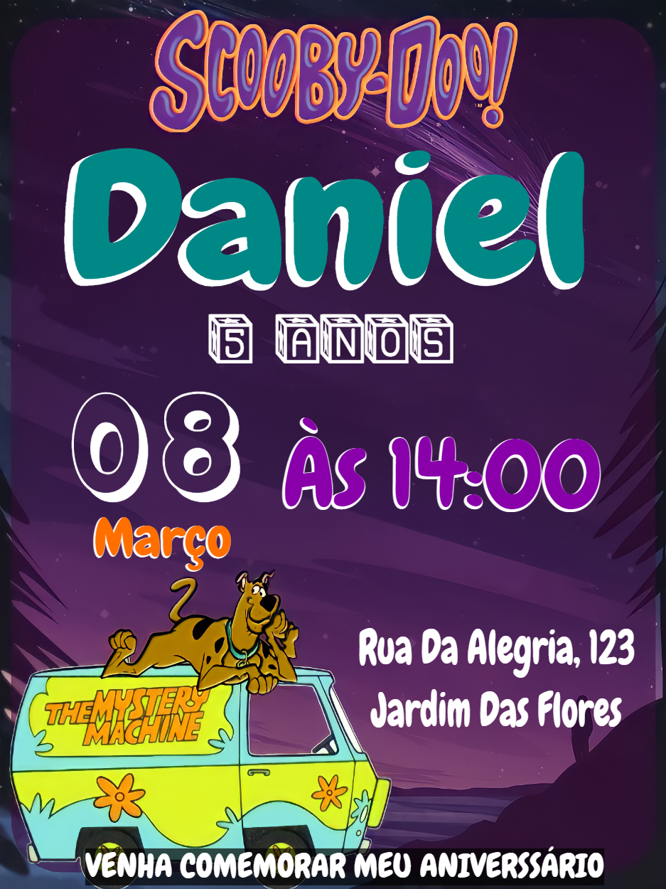 Convite de Aniversário Scooby-Doo Misterioso para Editar Convite de Aniversário Scooby-Doo Misterioso para Editar
