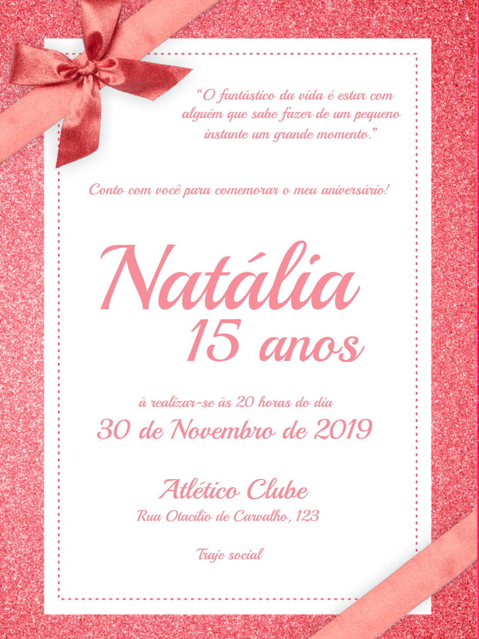 Convite de 15 Anos Glitter Rosa para Editar e Imprimir