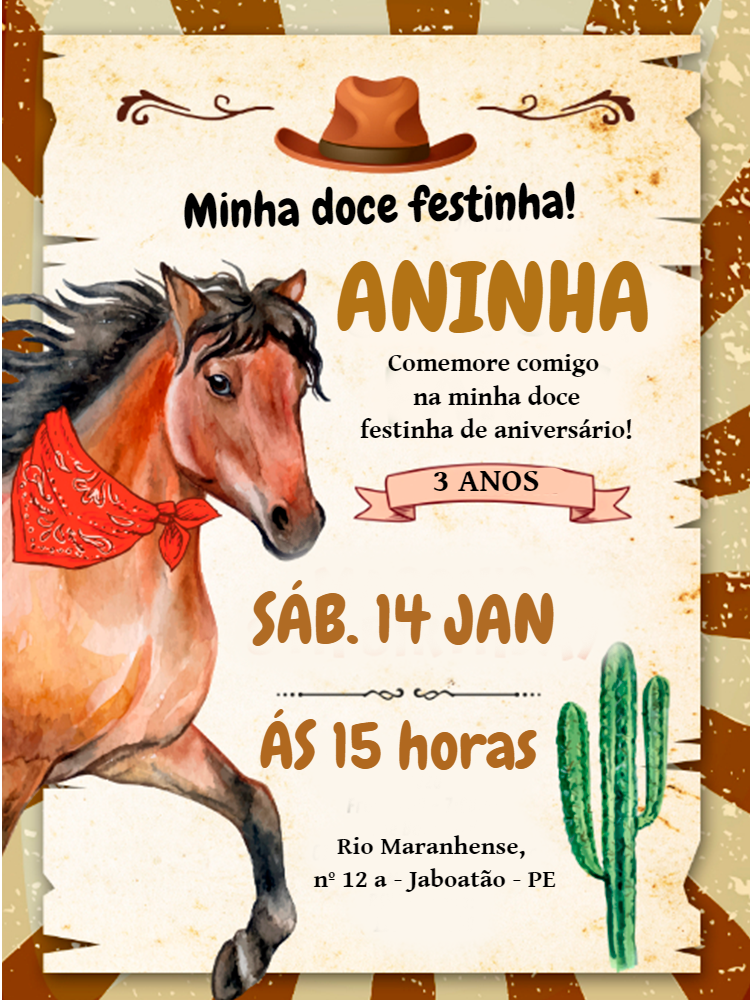 Convite de Aniversário Country com Cavalo para Editar Online Convite de Aniversário Country com Cavalo para Editar Online