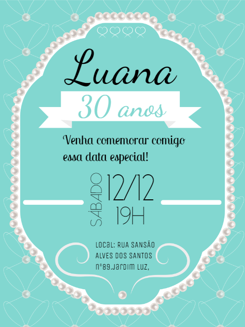 Convite Aniversário Azul Tiffany com Pérolas para Editar Online Convite Aniversário Azul Tiffany com Pérolas para Editar Online