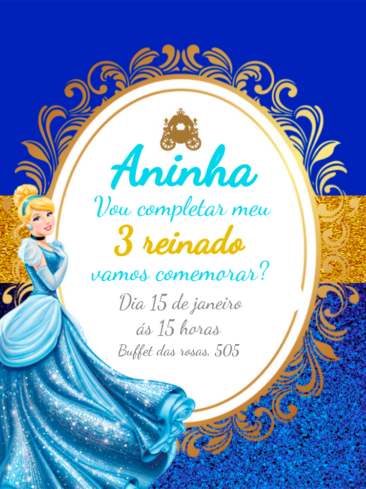 Convite Aniversário Cinderela Princesa para Editar Online