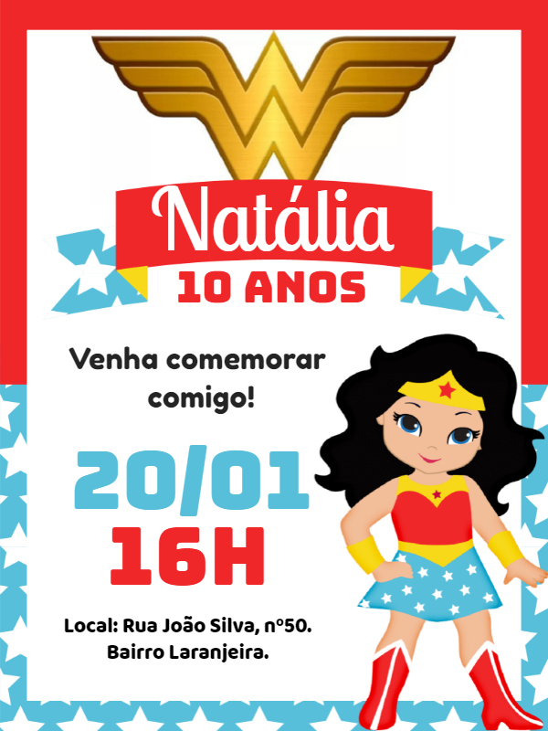 Convite Aniversário Mulher Maravilha para Editar Online Convite Aniversário Mulher Maravilha para Editar Online