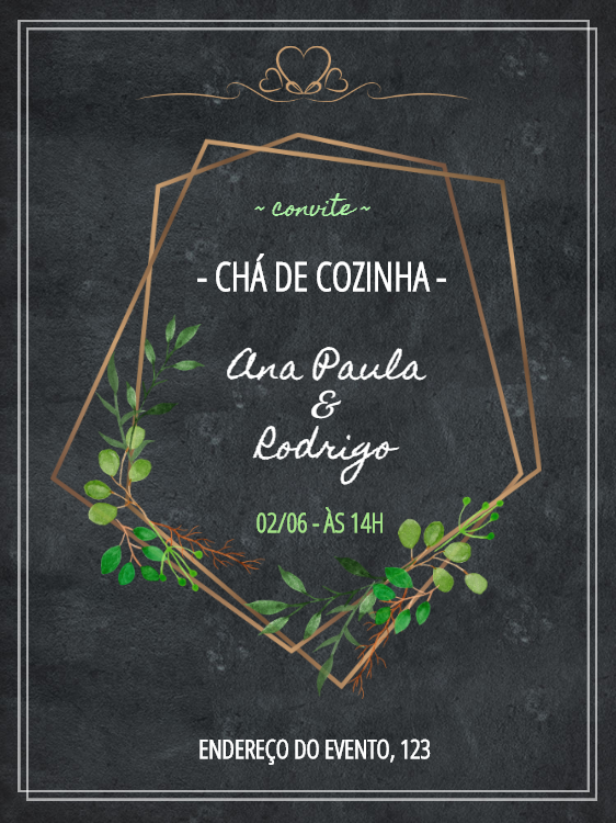 Convite Chá de Cozinha Quadro Negro com Folhas para Editar Convite Chá de Cozinha Quadro Negro com Folhas para Editar