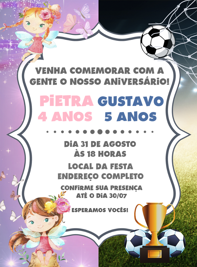 Convite Aniversário Duplo Fadas e Futebol para Editar Online Convite Aniversário Duplo Fadas e Futebol para Editar Online