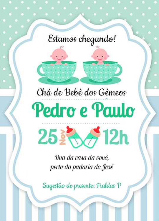Convite Chá de Bebê Gêmeos Meninos para Editar Online Convite Chá de Bebê Gêmeos Meninos para Editar Online