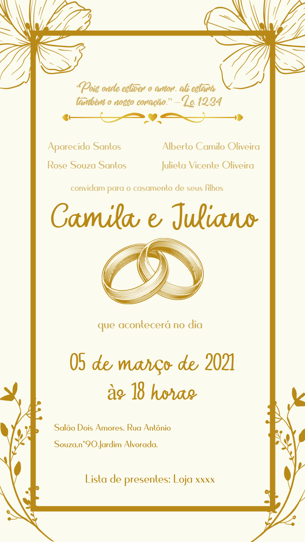 Convite de Casamento Alianças Douradas para Editar Online Convite de Casamento Alianças Douradas para Editar Online