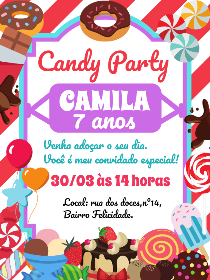 Convite de Aniversário Candy Party Doces para Editar Online Convite de Aniversário Candy Party Doces para Editar Online