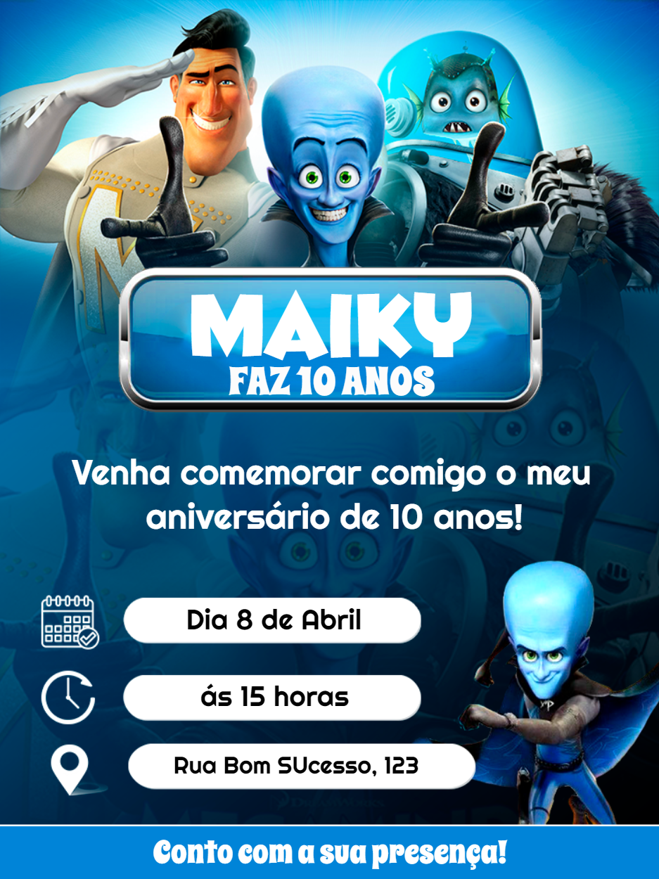 Convite de Aniversário Megamente para Editar Online Convite de Aniversário Megamente para Editar Online