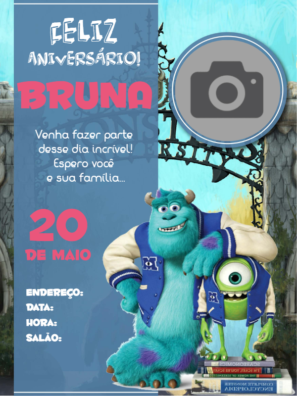 Convite Aniversário Monstros SA com Foto para Editar Online