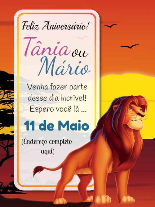 Convite Aniversário Rei Leão com Simba para Editar Online Convite Aniversário Rei Leão com Simba para Editar Online
