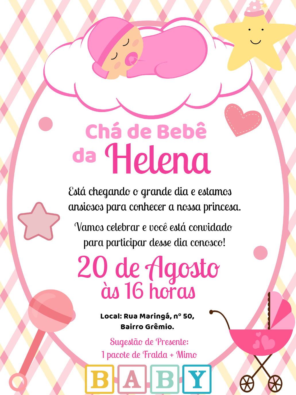 Convite Chá de Bebê Menina Rosa com Bebê na Nuvem para Editar Convite Chá de Bebê Menina Rosa com Bebê na Nuvem para Editar