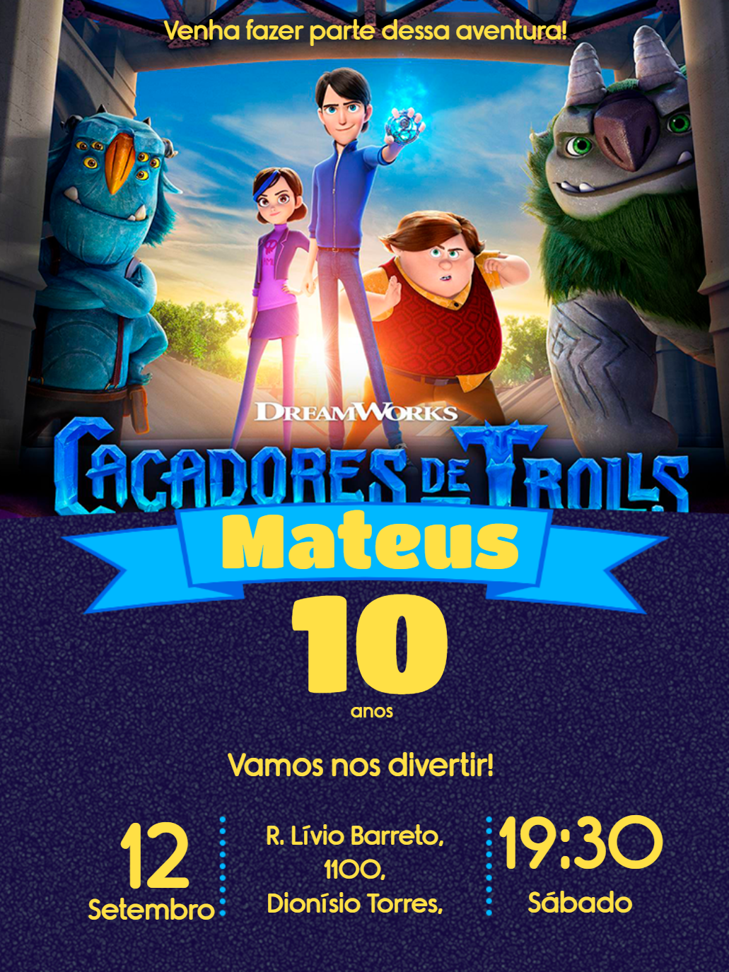 Convite de Aniversário Caçadores de Trolls Editável Online Convite de Aniversário Caçadores de Trolls Editável Online