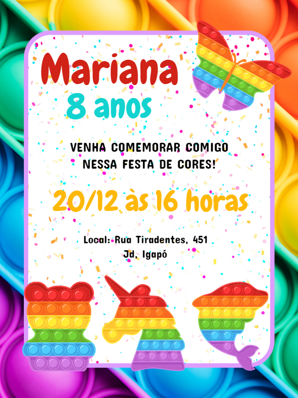 Convite Aniversário Pop It Fidget Toys para Editar Online Convite Aniversário Pop It Fidget Toys para Editar Online